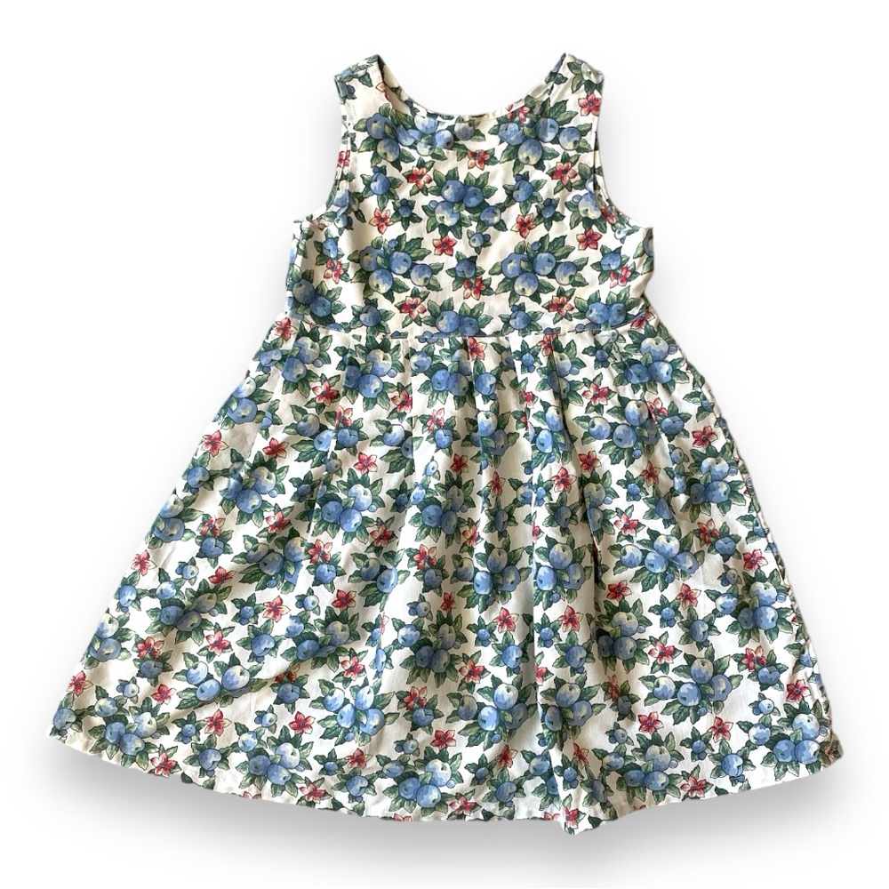 VINTAGE Handmade Dress Skirt Blueberries Floral Summer Sun Cotton White Blue